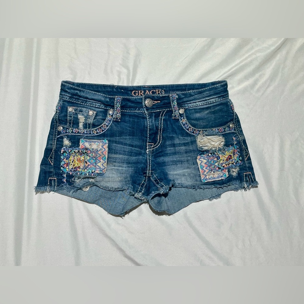 Grace Jean Shorts embroidered & patched colorful distressed size 26 women’s